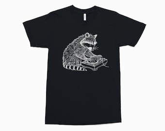 Raccoon DJ T-Shirt - Hand-Drawn Graphic Tee - Trash Panda Dropping Beats