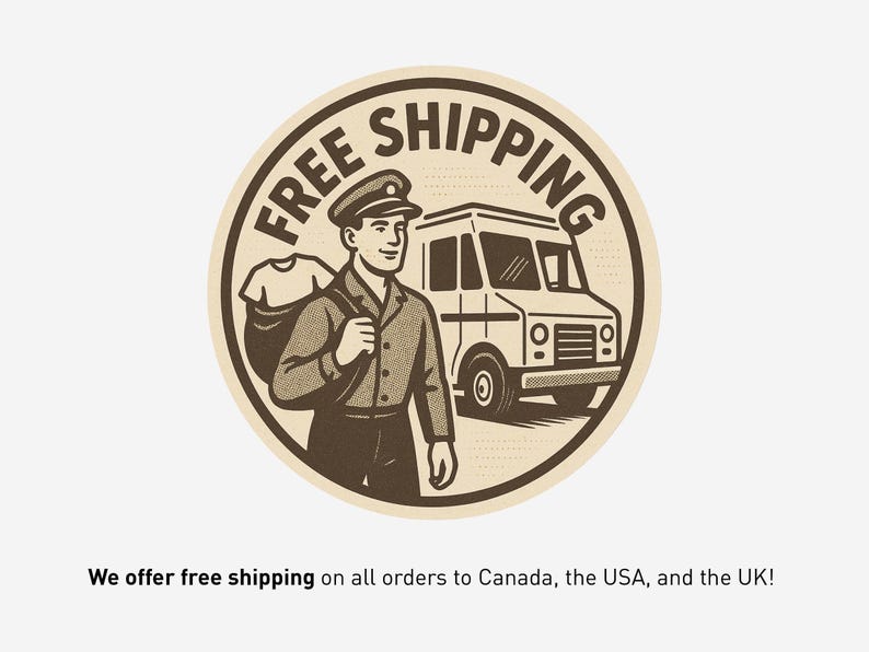 May include: A circular graphic featuring a brown and beige illustration of a delivery worker in a cap carrying a sack over their shoulder next to a delivery truck. The text FREE SHIPPING is arched across the top of the circular emblem design.