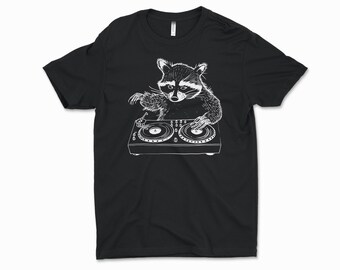 DJ Raccoon T-Shirt - Hand Drawn Trash Panda Turntable Tee - For Music Lovers