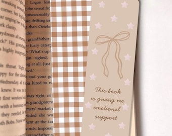 Emotional Support Bookmark | Brown Gingham, Stars Design, Book Lover Gift