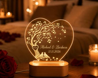 Veilleuse pour couple personnalisée, lampe coeur arbre amour éternel, cadeau de fiançailles personnalisé pour les jeunes mariés, cadeau d'anniversaire de mariage