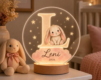 Personalized Bunny Baby Night Light, Custom Name Initial Nursery Lamp, ngraved Acrylic Rabbit LED Light, Newborn Baby Girl Gift, aptism Gift