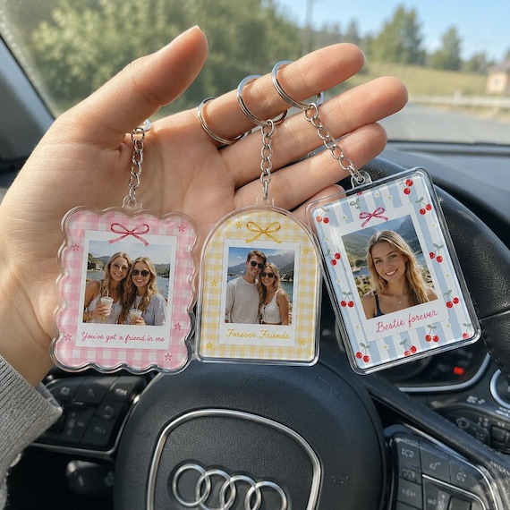 Personalisierter Foto Schlüsselanhänger mit Foto, Wunschtext & Pattern, Acryl Fotoanhänger, Geschenk für Freundin, Paar Familie