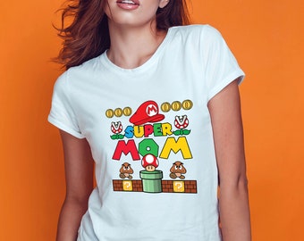 Mario Super Mama Grandma T-Shirt Idée cadeau Anniversaire Fête des Mères Grand-mère Personnalisé avec le nom MOM Mère Cadeau pour elle, Cadeau de la Fête des Mères