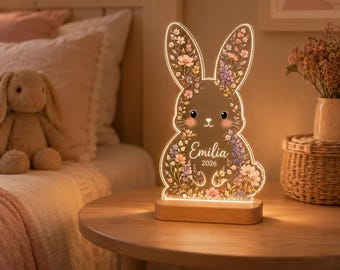Personalized Bunny Baby Night Light, Custom Name Rabbit Nursery Lamp, Floral LED Light, Newborn Girl Gift, Baby Shower Baptism Keepsake