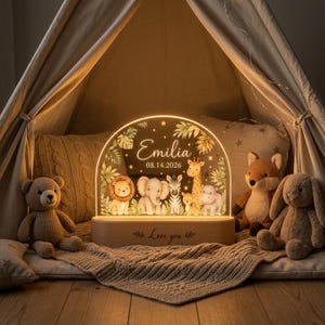 Personalisierte Safari-Tier-Nachtlampe für Babys, LED-Kinderzimmerlampe mit individuellem Namen, Safari-Tier-Nachtlampe, Geschenk zur Geburt, Geschenk zur Babyparty