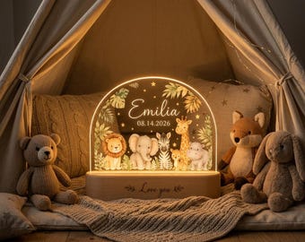 Personalized Safari Animal Baby Night Light, Custom Name LED Nursery Lamp, Safari Animal Night Light, Newborn Baby Gift, Baby Shower Gift