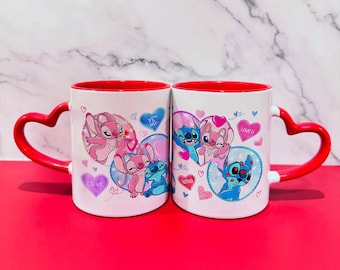 Tazza da caffè con collage di amore e angelo Stitch, tazza in ceramica con coppia di Stitch Disney, tazza da tè con simpatici cartoni animati per San Valentino, bicchieri per coppie romantiche