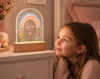 Personalisiertes Baby Nachtlicht mit Name und Geburtsdatum, Regenbogen Kinderzimmer Lampe, Geschenk zur Geburt Taufe Mädchen