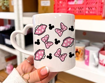 Minnie Maus Bogen Muster Kaffeetasse, Disney Minnie Icon Keramik Becher, Rosa Tupfen Bogen Teetasse, niedliches Cartoon Trinkgeschirr