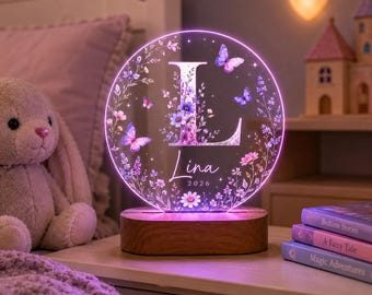 Personalized Floral Baby Night Light, Custom Name Initial Lamp, Butterfly Flower Nursery Decor, Newborn Girl Gift, Baptism Keepsake