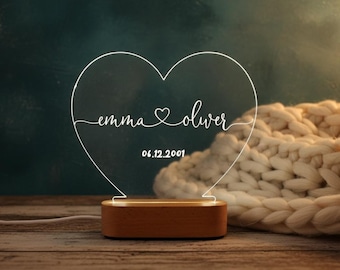 Personalisierte Herz Nachtlicht, Gravierte Namen und Datum Romantisches Geschenk