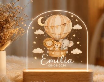 Gepersonaliseerd nachtlampje met dierentuinthema voor baby's, LED-babykamerlamp met eigen naam, nachtlampje met safari-dieren, kraamcadeau, cadeau voor pasgeboren baby's, cadeau voor een babyshower