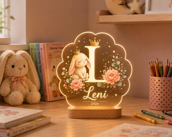 Personalized Bunny Baby Night Light, Custom Name Initial Nursery Lamp, Princess Rabbit Floral LED Light, Newborn Girl Baby Shower Gift