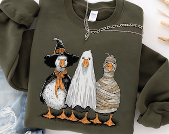Vintage Halloween Goose Gildan Sweatshirt: Ghost Witch and Mummy Geese Pullover