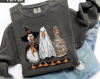 Vintage Halloween Goose Comfort Colors Sweatshirt: Ghost Witch and Mummy Geese Pullover