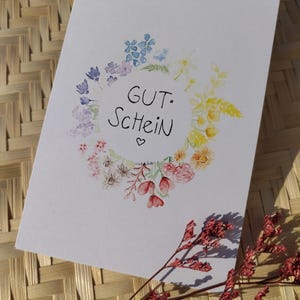 Postkarte l Gutschein l Wünsch dir was l Geburtstag l Prüfung l Geschenk l flowers l wishes l present l voucher l Blumen Kranz l Aquarell