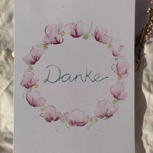 Postkarte l einfach mal DANKE sagen l Jahrestag l thank you l flowers l Glückwunschkarte l Blumen Kranz l Aquarell l Jubiläum l Freundschaft