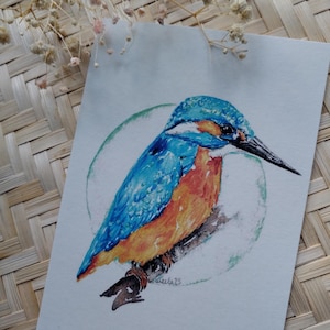 Martín pescador l postal l acuarela l calendario l pájaros l nativo l martín pescador l pájaro l pintado a mano l impresión l impresión artística l regalo l amor
