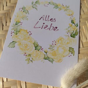 Postkarte l Alles Liebe l Rosen l Geburtstag l birthday l roses l handmade with love l Glückwunschkarte l Grußkarte l Blumenkranz l Aquarell