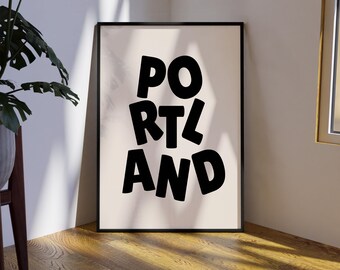 Arte de pared imprimible con tipografía de Portland, Oregón, impresión digital de la ciudad, póster de viaje moderno, decoración urbana para el hogar, dormitorio u oficina.