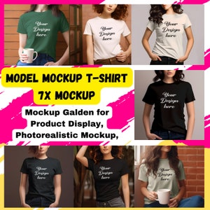 Peut inclure: Une image de maquette présentant sept t-shirts de différentes couleurs : vert, blanc, crème, noir et gris foncé. Chaque chemise affiche le texte "Your Design here". L'image comprend également le texte "MODEL MOCKUP T-SHIRT 7X MOCKUP Mockup Galden for Product Display, Photorealistic Mockup."