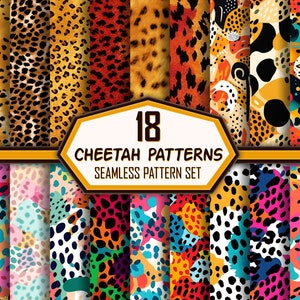 May include: A set of 18 seamless cheetah print patterns in various colors and styles. The patterns include abstract, geometric, and realistic cheetah prints. "18 Cheetah Patterns Seamless Pattern Set" is written in the center of the image.