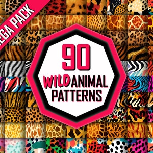 Può includere: Un collage di 90 diversi motivi di animali selvatici, tra cui zebra, leopardo, tigre, giraffa e ghepardo. I motivi sono disposti in una griglia e sono tutti di colori vivaci.