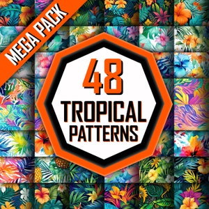 Puede incluir: Un collage de 48 patrones tropicales con colores vibrantes y exuberante follaje. Los patrones incluyen varias plantas, flores y hojas tropicales, como hojas de palmera, flores de hibisco y piñas.