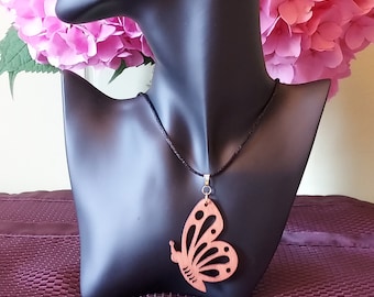 1.5&quot; x 2.5&quot; inch gorgeously detailed... laser cut butterfly pendant hand decorated in traditional cherry wood tone.
