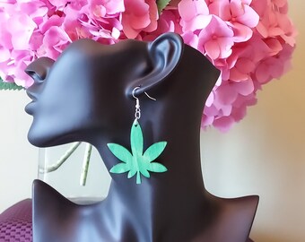 1.75&quot; x 2&quot; and 3&quot; x 3.25&quot;  inch gorgeously detailed...laser cut pot leaf wooden earrings...hand decorated in a green wash.