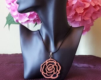 2.25&quot; inch gorgeously detailed... laser cut rose pendant hand decorated in a traditional cherry wood tone.