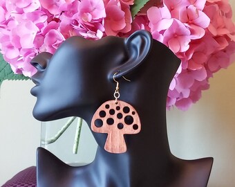 1.75&quot; x 2&quot; and 2.5&quot; x 2.75&quot;  inch gorgeously detailed...laser cut mushroom wooden earrings...hand decorated in two color options.