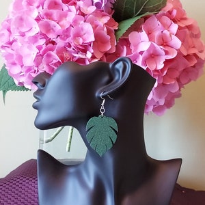 1.5&quot; x 2&quot; and 2.5&quot; x 3.25&quot;  inch gorgeously detailed...laser cut momstera leaf wooden earrings...hand decorated in green bling.