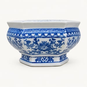Vintage Blue & White Ceramic Jardiniere Planter | Hexagonal Cache Pot
