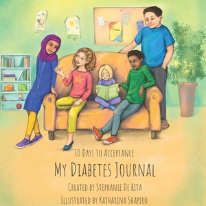 May include: Illustration of a children's book cover titled "My Diabetes Journal." The cover features a group of diverse children sitting on a couch. The book's title and author's names are displayed below the illustration.