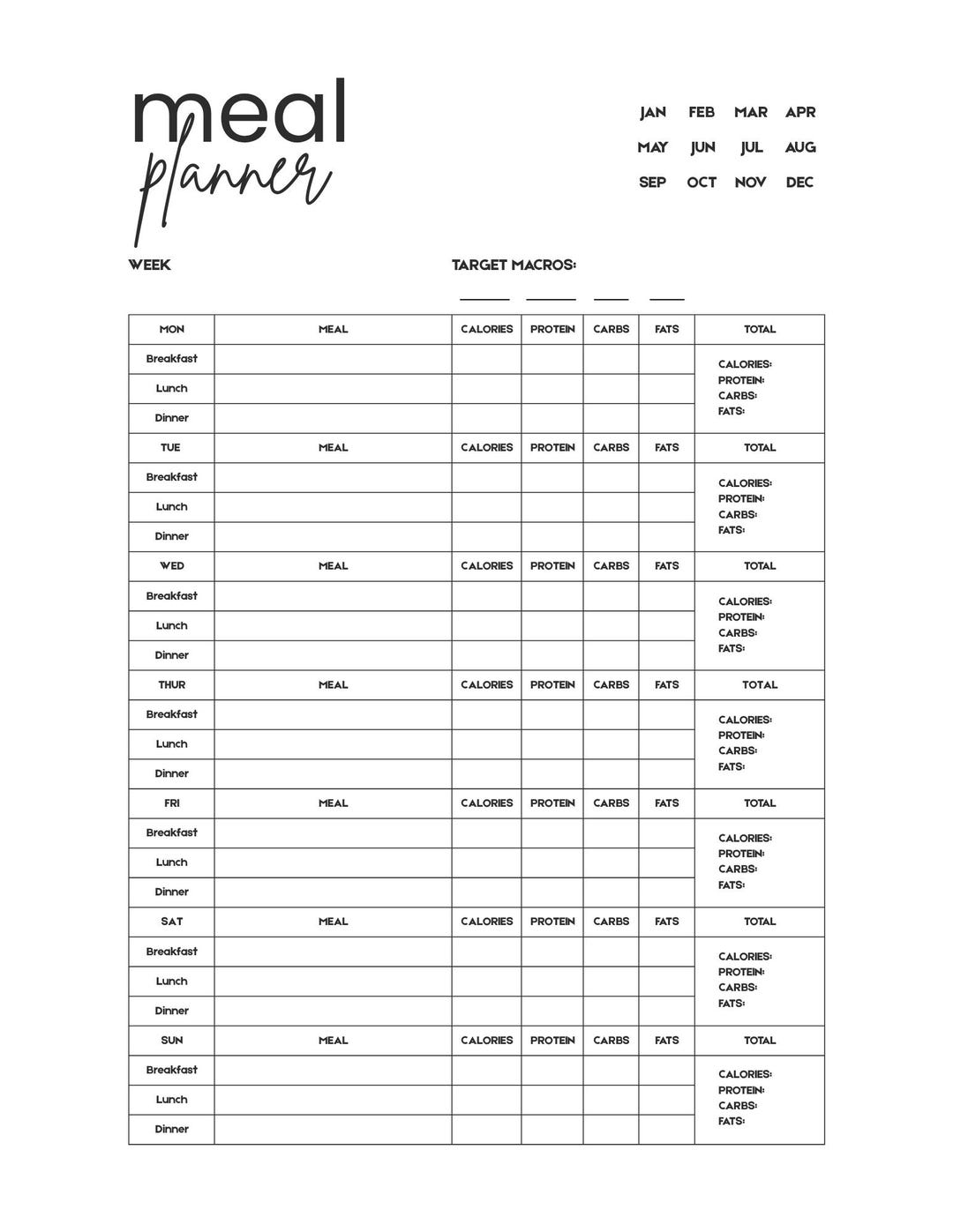 Macro Meal Planner Printable | Weekly Calorie Protein Carbs Fats Log ...