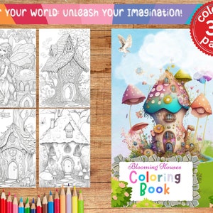 36 Fairy Houses Fantasy Coloring Page Book, Adults + kids- Instant Download Grayscale Coloring Page, Printable PDF, blooming houses coloring