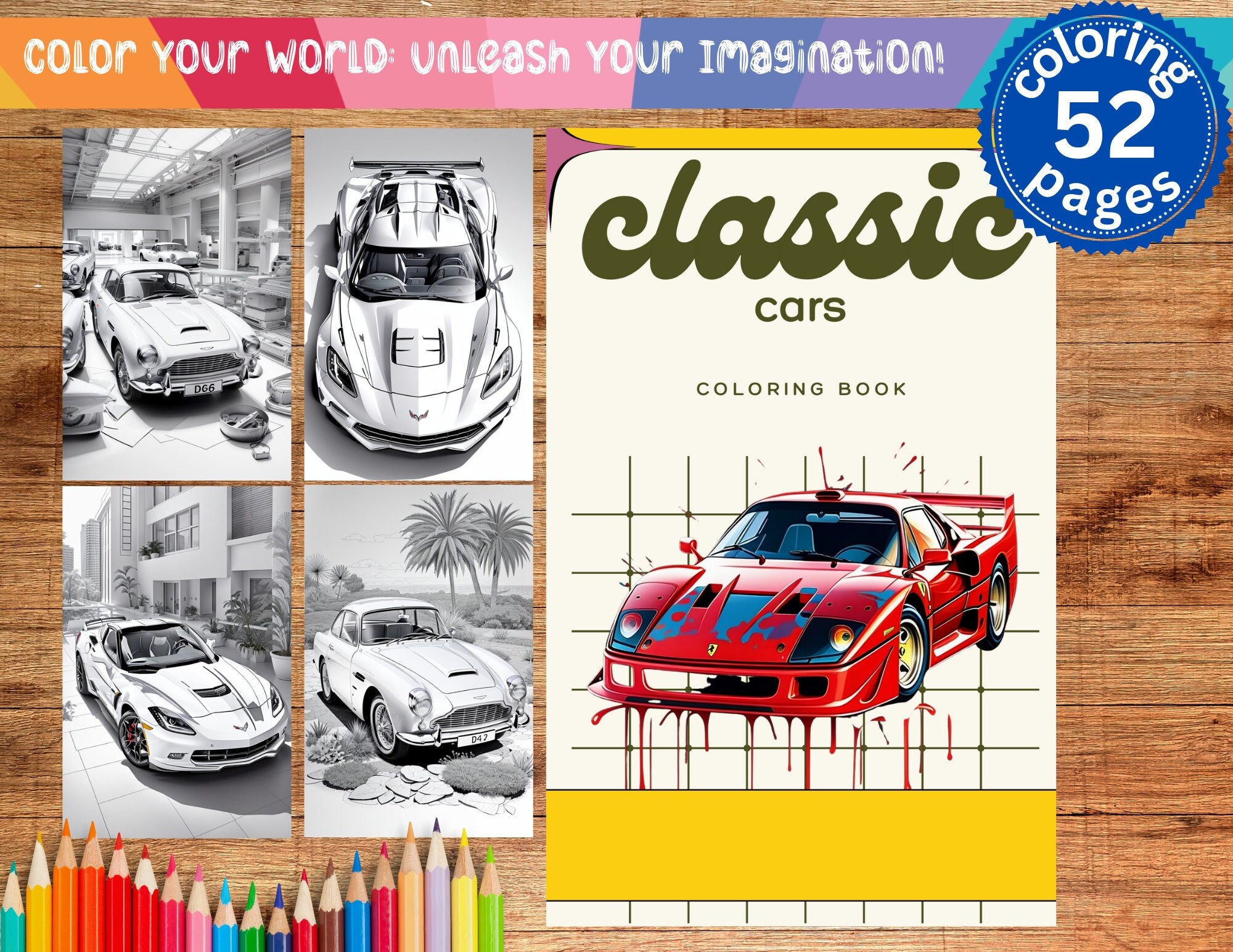 52 Classic Cars Coloring Page Book, Adults + Kids- Printable PDF ...