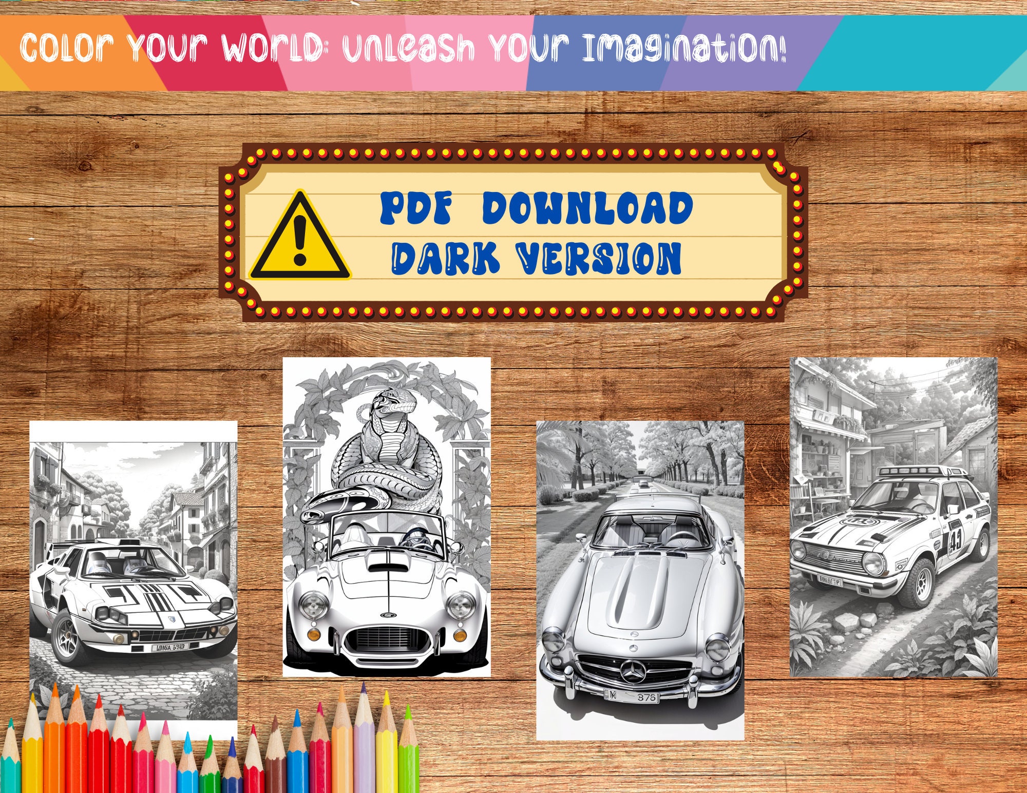 52 Classic Cars Coloring Page Book, Adults + Kids- Printable PDF