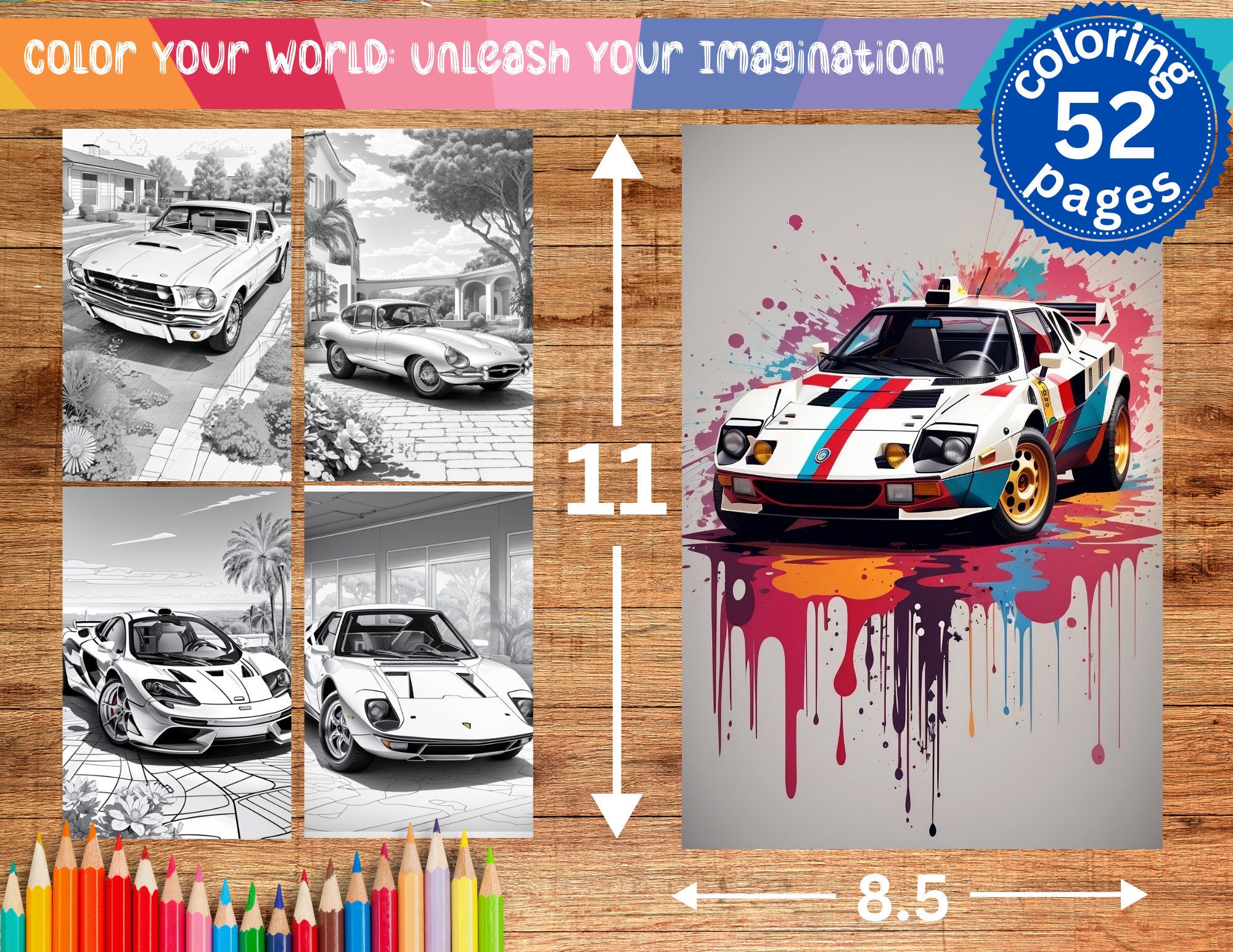 52 Classic Cars Coloring Page Book, Adults + Kids- Printable PDF