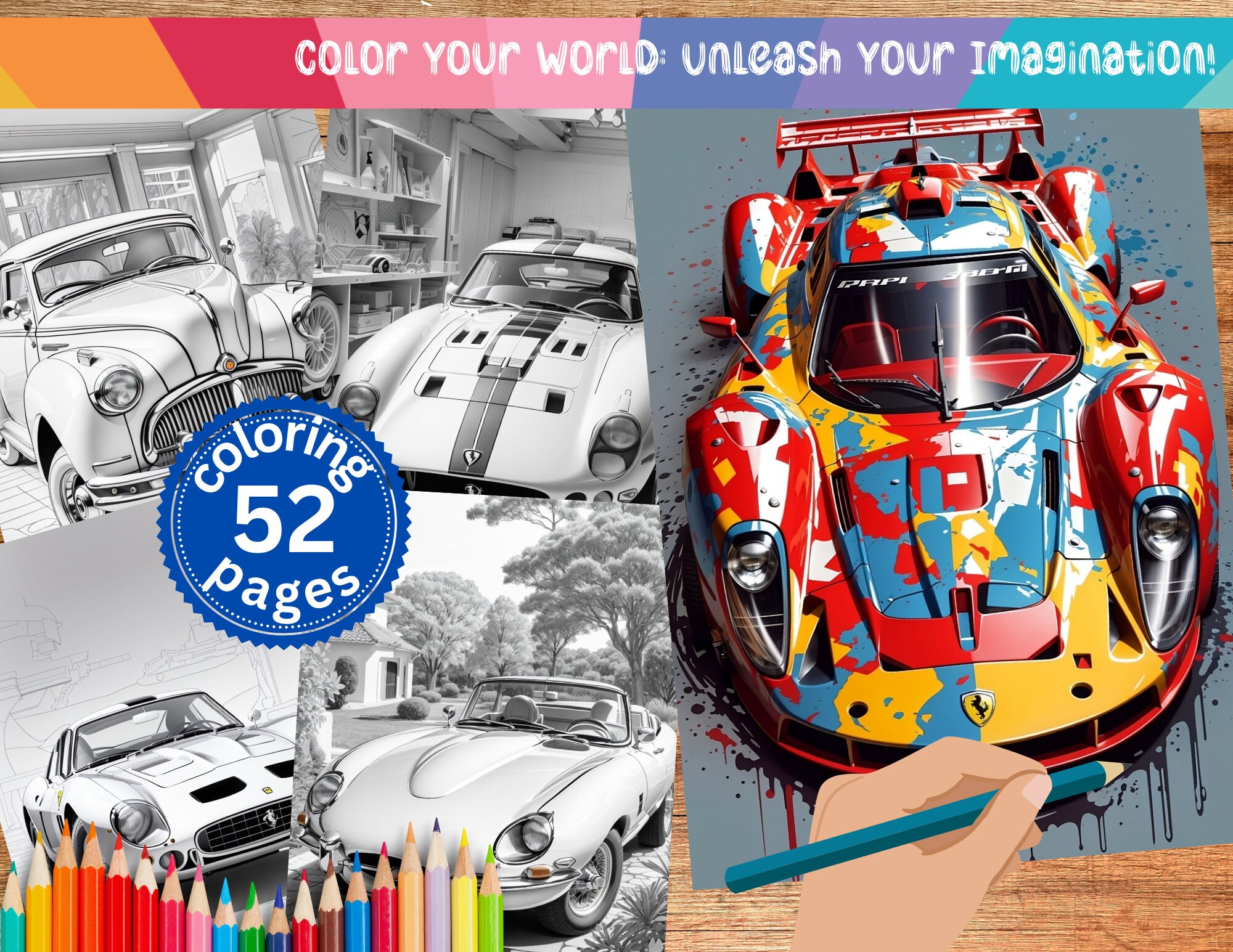 52 Classic Cars Coloring Page Book, Adults + Kids- Printable PDF