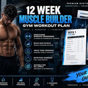 May include: A digital 12-week muscle builder gym workout plan by Cyrus Fitness. The graphic features a muscular individual holding dumbbells, workout schedule sheets, a nutrition guide, and progress trackers with blue and white text overlays.