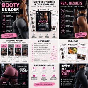 Op de afbeelding: Een digitale fitnessgids getiteld The Ultimate Booty Builder 8 Week Gym Programme, met trainingsschema's, voedingsadvies en voortgangstrackers. De lay-out bevat tekst, iconen en foto's van personen die in een sportschool trainen.