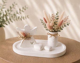 Bandeja decorativa con ángeles, corazones y pequeño jarrón, ovalada, blanca, decoración de mesa, Navidad, regalo, mujer