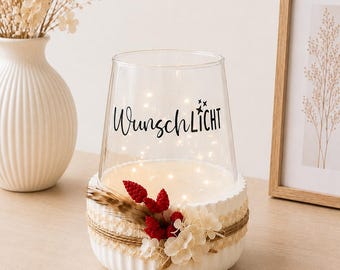 Farol de huracán "Wishing Light", cuenco decorativo con portavelas de cristal, blanco, con ranuras, Keraflott, fuego de mesa, regalo, colega, amigo