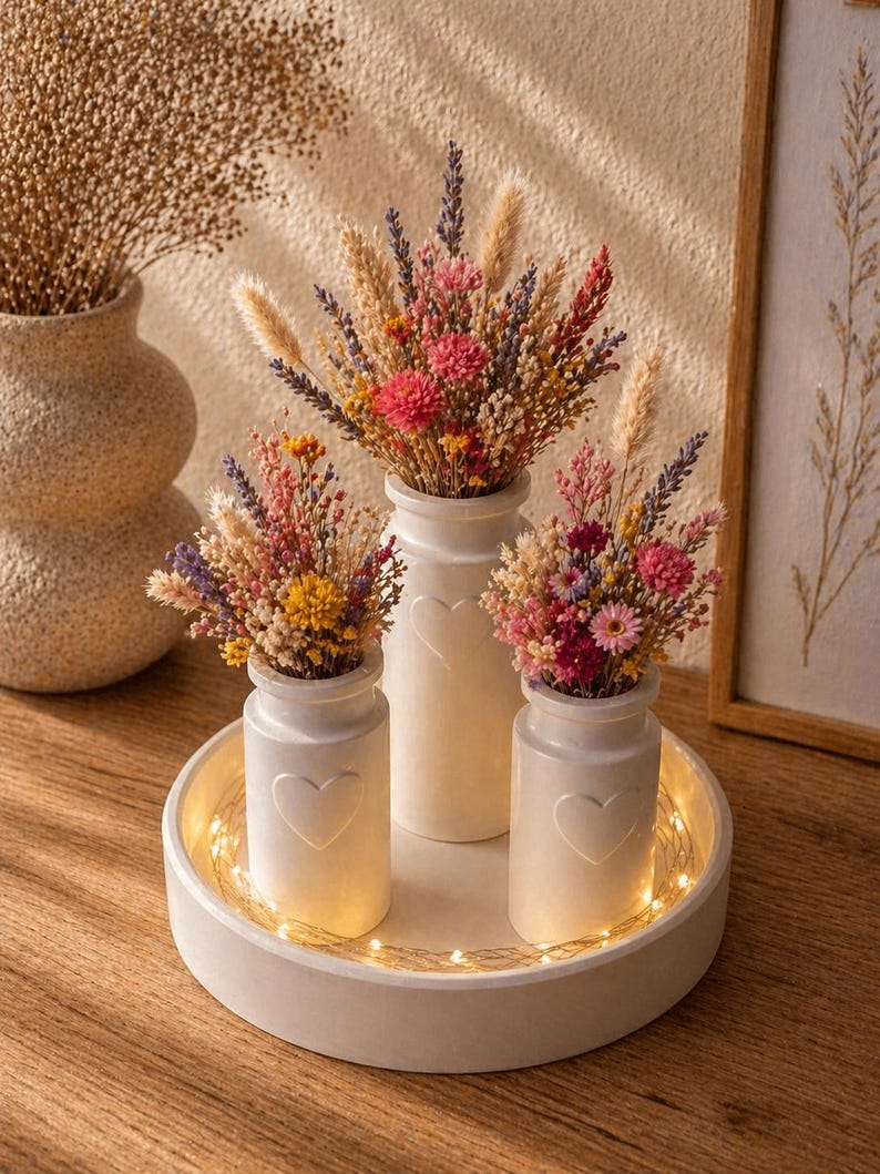 May include: Three white ceramic vases with heart designs, each filled with colorful dried flowers, sit on a round tray with string lights. A larger vase with dried flowers is in the background. The arrangement is on a wooden surface.