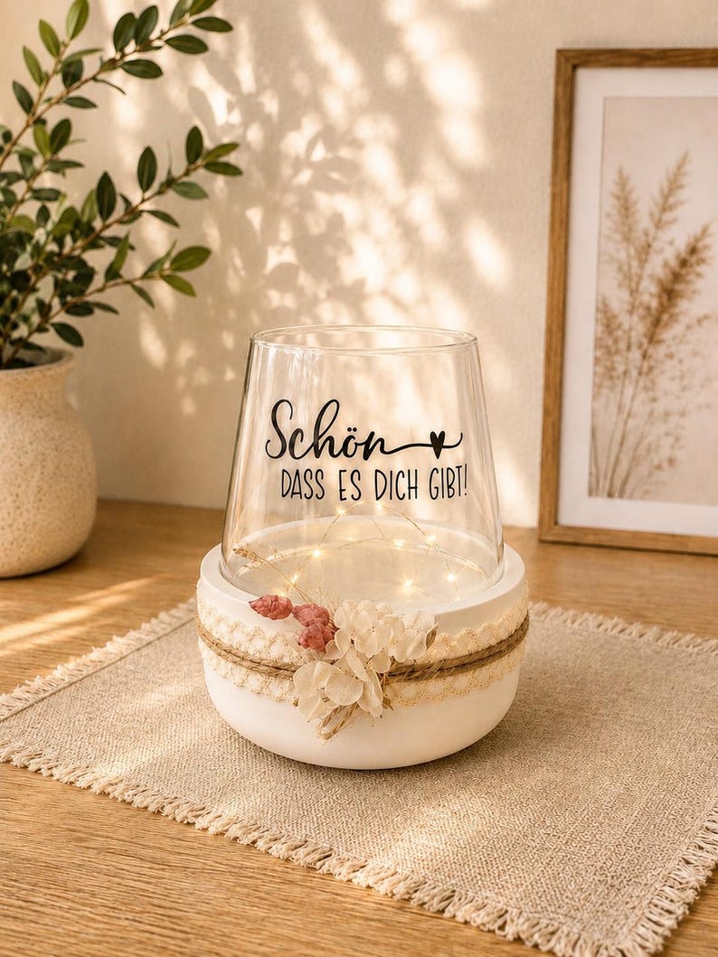 "It's so nice that you exist" tealight holder, decorative bowl with glass candle holder, white, with grooves, Keraflott, table fire, gift, 2 variations schwarz
