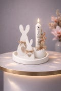 Decorative white round plate, candle holder eggshell & rabbits, Easter, spring, Raysin