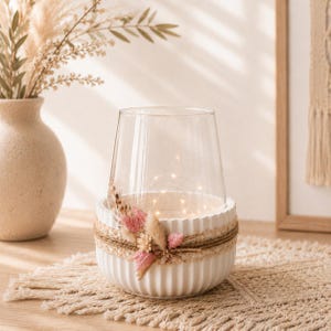 Windlicht, Dekoschale mit Kerzenglas, weiß, mit Rillen, Keraflott, Tischfeuer, Geschenk
